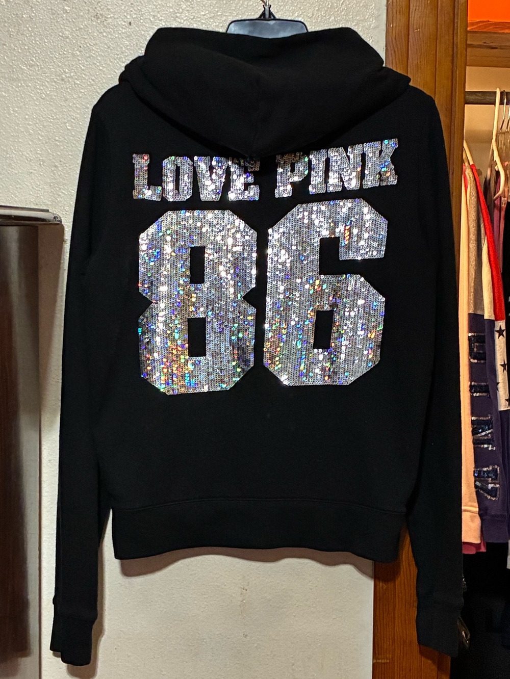 VS PINK Black w/ Iridescent Sequin ‘Love Pink 86’ Zip Up Hoodie